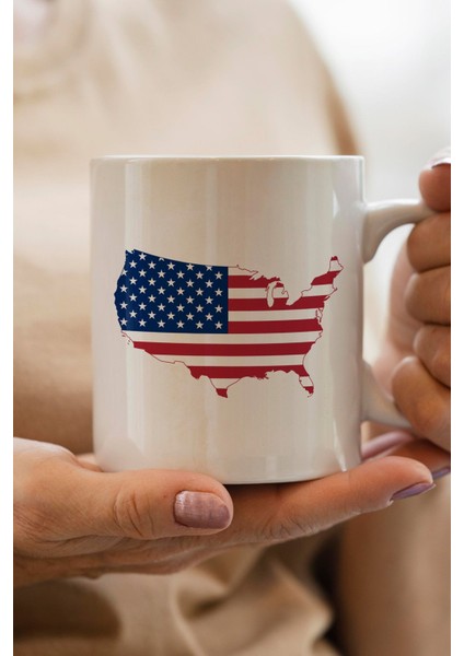 Amerika Bayrağı Harita Baskılı Yılbaşı Hediyesi Kupa Bardak