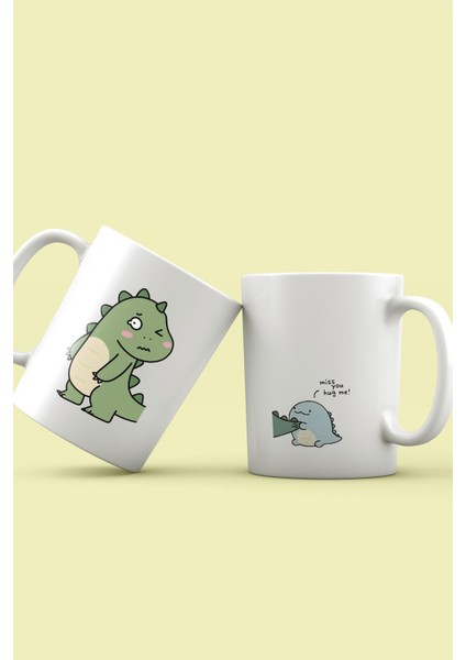 Dinozor Baskılı Couple Birbirini Tamamlayan Yılbaşı Hediyesi Kupa Bardak