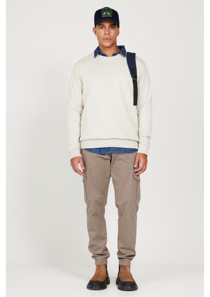 Erkek Bej Standart Fit Normal Kesim Bisiklet Yaka 3 Iplik Pamuklu Sweatshirt