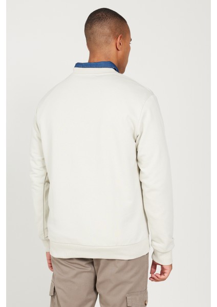 Erkek Bej Standart Fit Normal Kesim Bisiklet Yaka 3 Iplik Pamuklu Sweatshirt