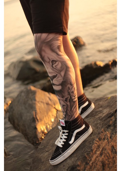 Giyilebilir Aslan Desenli Bacak Dövmesi 3D Baskılı Tattoo