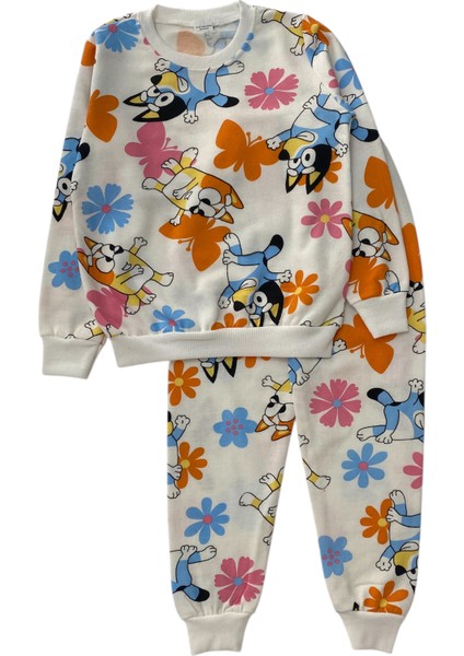 Kız Çocuk Iki Iplik Pamuklu Şardonlu Beyaz Bluey Desenli Uzun Kollu Pijama Takımı