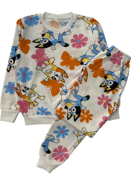 Kız Çocuk Iki Iplik Pamuklu Şardonlu Beyaz Bluey Desenli Uzun Kollu Pijama Takımı fiyatları