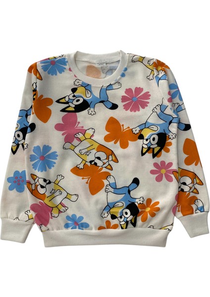 Kız Çocuk Iki Iplik Pamuklu Şardonlu Beyaz Bluey Desenli Uzun Kollu Pijama Takımı modelleri