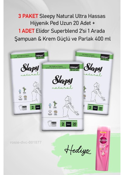Natural Ultra Hassas Hijyenik Ped Uzun 20 Adet X3 ve Elidor 2'si 1 Arada Şampuan 400 ml