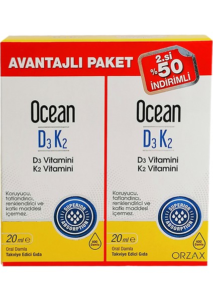 Ocean D3K2 Vitamin 2.si %50 İndirimli 20+20 ml