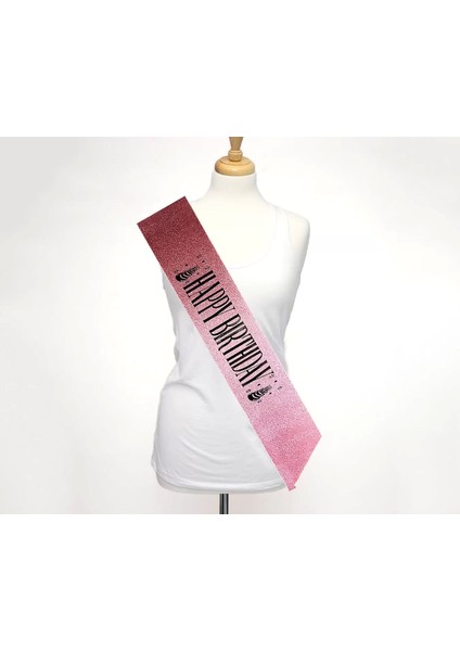 Pembe Üzeri Siyah Büyük Happy Birthday Yazılı Simli Işıltılı Kuşak Kemer 10 cm Genişlik fiyatları