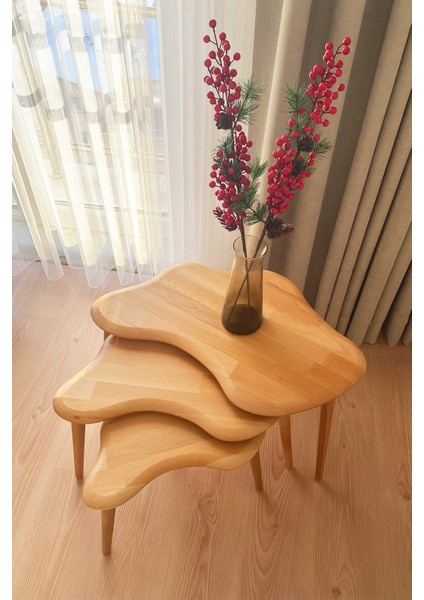 FawDecor Asimetrik Naturel Masif Doğal Ahşap Zigon Sehpa 3'lü Set, Modern Iskandinav Tarz Masif Yan Sehpa Seti