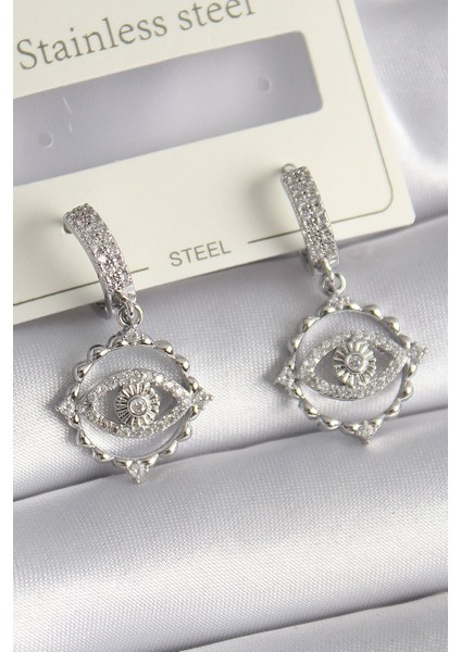 Pirinç Gümüş Renk Zirkon Taşlı Göz Model Kadın Küpe