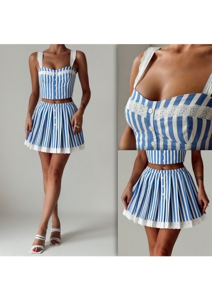 Santorini Marin Renk Sırt Lastikli Pamuklu Dantelli Çizgili Şirin Yazlık Etek Krop Takım Mavi