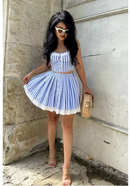 Santorini Marin Renk Sırt Lastikli Pamuklu Dantelli Çizgili Şirin Yazlık Etek Krop Takım Mavi fiyatları
