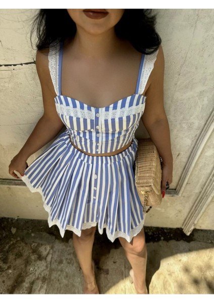 Santorini Marin Renk Sırt Lastikli Pamuklu Dantelli Çizgili Şirin Yazlık Etek Krop Takım Mavi modelleri