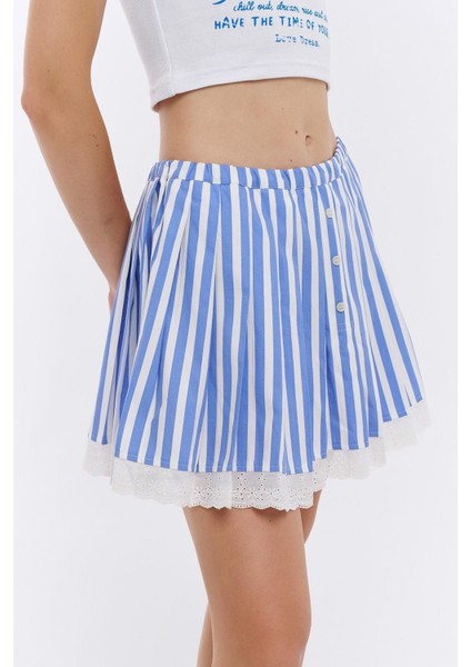 Santorini Marin Renk Sırt Lastikli Pamuklu Dantelli Çizgili Şirin Yazlık Etek Krop Takım Mavi indirimleri