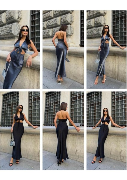 Önden Bağlama Crop Parlak Saten Dizaltı Etek Takım fırsatları