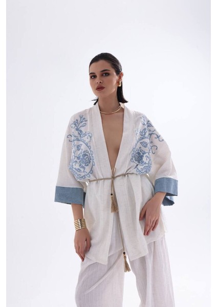Doğal Nefes Alan Dokulu Kabartma Kumaşlı Nakışlı Kimono Bohem Kaftan Pantolon Yazlık Takım Ekru