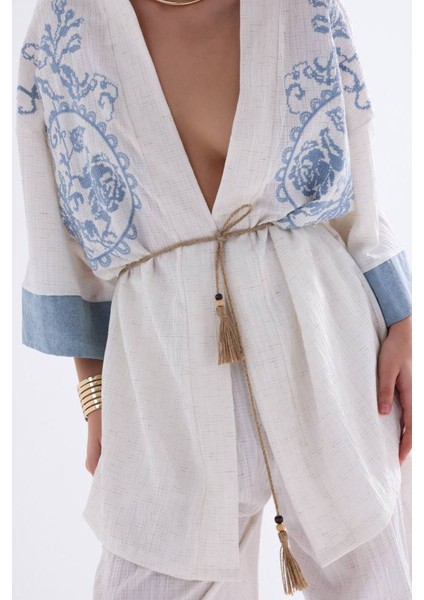Doğal Nefes Alan Dokulu Kabartma Kumaşlı Nakışlı Kimono Bohem Kaftan Pantolon Yazlık Takım Ekru fiyatları