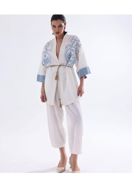 Doğal Nefes Alan Dokulu Kabartma Kumaşlı Nakışlı Kimono Bohem Kaftan Pantolon Yazlık Takım Ekru modelleri