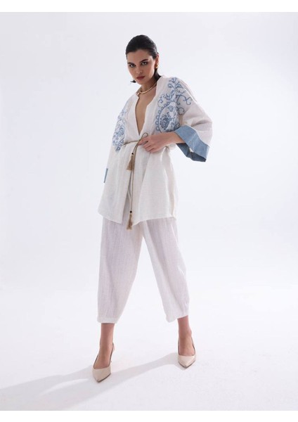 Doğal Nefes Alan Dokulu Kabartma Kumaşlı Nakışlı Kimono Bohem Kaftan Pantolon Yazlık Takım Ekru fırsatları