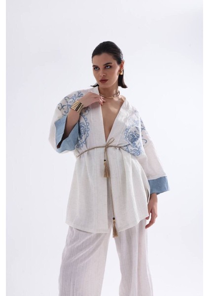 Doğal Nefes Alan Dokulu Kabartma Kumaşlı Nakışlı Kimono Bohem Kaftan Pantolon Yazlık Takım Ekru indirimleri