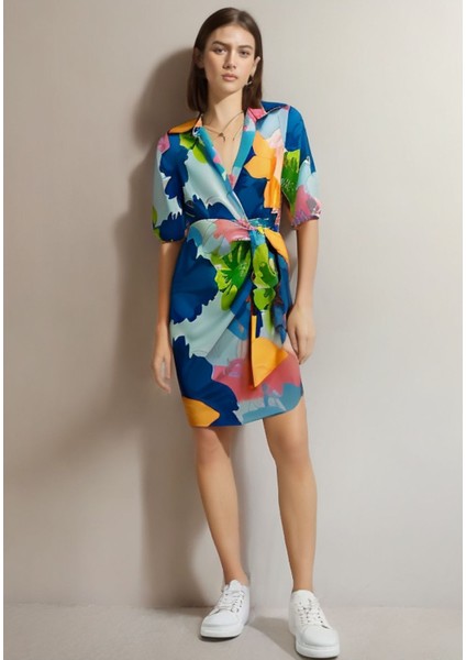 Rengarenk Pastel Renkler Önden Bağlamalı Yakalı Kısa Kol Mevsimlik Baharlık Elbise fiyatları