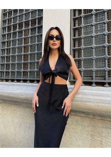 Önden Bağlama Crop Parlak Saten Dizaltı Etek Takım