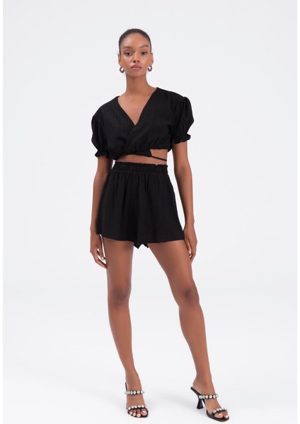 Keten Kabarık Kol Bağlamalı Crop Mini Şort Takım Siyah
