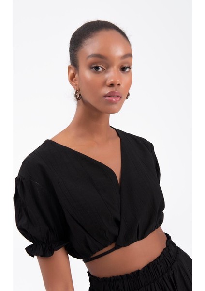 Keten Kabarık Kol Bağlamalı Crop Mini Şort Takım Siyah fiyatları