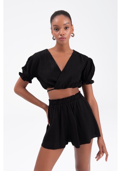 Keten Kabarık Kol Bağlamalı Crop Mini Şort Takım Siyah modelleri