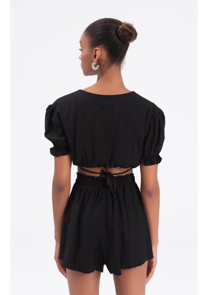 Keten Kabarık Kol Bağlamalı Crop Mini Şort Takım Siyah fırsatları