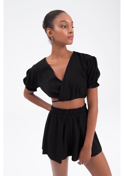 Keten Kabarık Kol Bağlamalı Crop Mini Şort Takım Siyah indirimleri