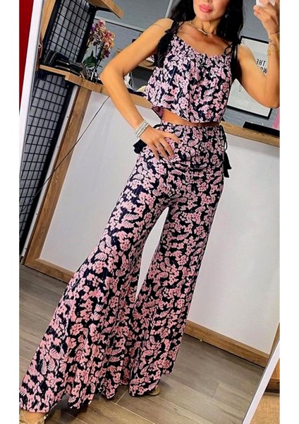 Sim Şeritli Bağlama Askılı Lastikli Püsküllü Pantolon Askılı Bluz Doğal Viskon Yazlık Bohem Takım fiyatları