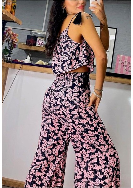 Sim Şeritli Bağlama Askılı Lastikli Püsküllü Pantolon Askılı Bluz Doğal Viskon Yazlık Bohem Takım modelleri