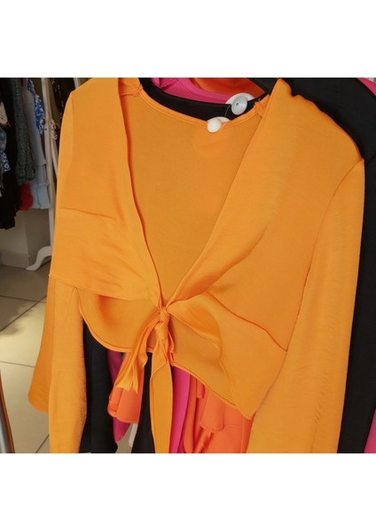 Saten Önden Bağlamalı Dekolte Gece Kokteyl Kombin Uzun Kol Krop Bluz fırsatları