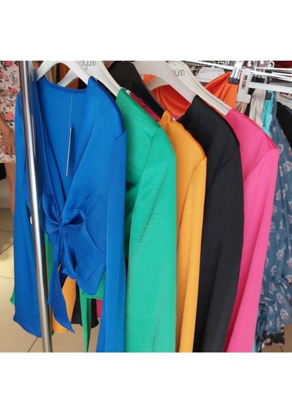 Saten Önden Bağlamalı Dekolte Gece Kokteyl Kombin Uzun Kol Krop Bluz indirimleri