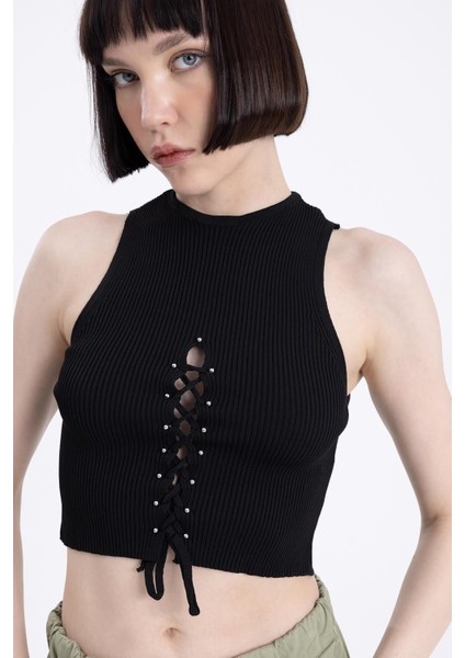 Önden Ip Dekolte Kolsuz Bluz Crop Büstiyer Siyah