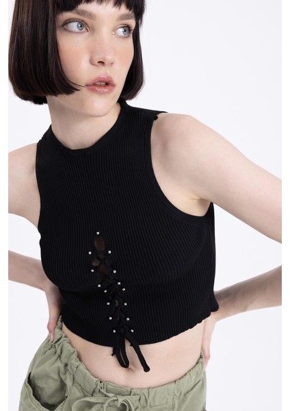 Önden Ip Dekolte Kolsuz Bluz Crop Büstiyer Siyah fiyatları