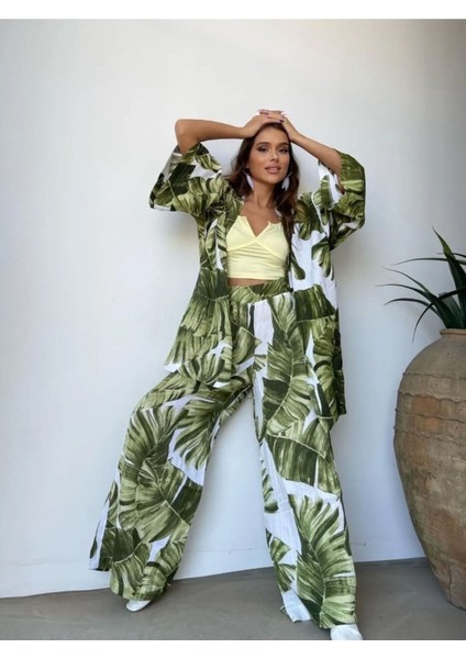 Yapraklı Kaftan Üst Pantolon Takım Yeşil