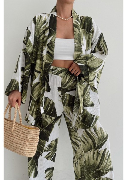 Yapraklı Kaftan Üst Pantolon Takım Yeşil