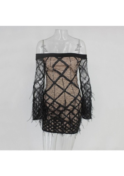 Kadın Siyah Fashion Cocktail Düşük Omuz Tüylü Abiye Elbise fırsatları