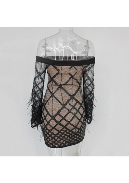 Kadın Siyah Fashion Cocktail Düşük Omuz Tüylü Abiye Elbise indirimleri