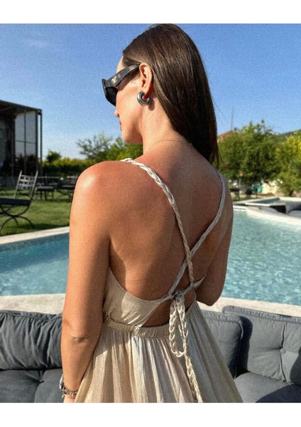 Örgü Sırt Bağlamalı Parlak Yumuşacık Saten Yırtmaçlı Bohem Yazlık Uzun Bodrum Gece Elbise