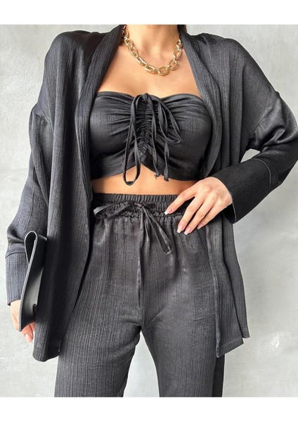 Soft Yumuşak Saten Kumaşlı Büzgü Bağlama Lastikli Kroplu Ceketli Pantolonlu 3 Lü Takım