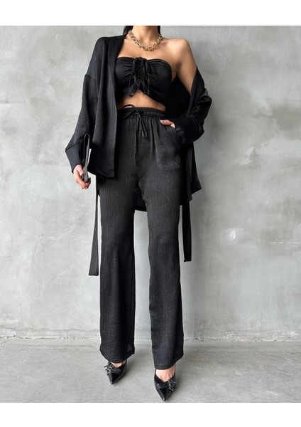 Soft Yumuşak Saten Kumaşlı Büzgü Bağlama Lastikli Kroplu Ceketli Pantolonlu 3 Lü Takım fiyatları