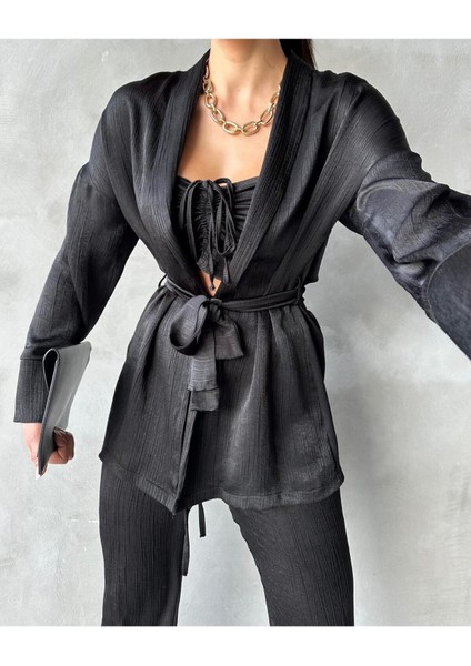 Soft Yumuşak Saten Kumaşlı Büzgü Bağlama Lastikli Kroplu Ceketli Pantolonlu 3 Lü Takım modelleri