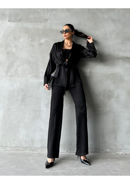 Soft Yumuşak Saten Kumaşlı Büzgü Bağlama Lastikli Kroplu Ceketli Pantolonlu 3 Lü Takım fırsatları