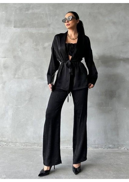 Soft Yumuşak Saten Kumaşlı Büzgü Bağlama Lastikli Kroplu Ceketli Pantolonlu 3 Lü Takım indirimleri