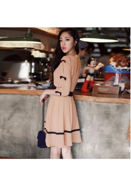 Kadın Pudra Fiyonk Kollu Romantik Elbise