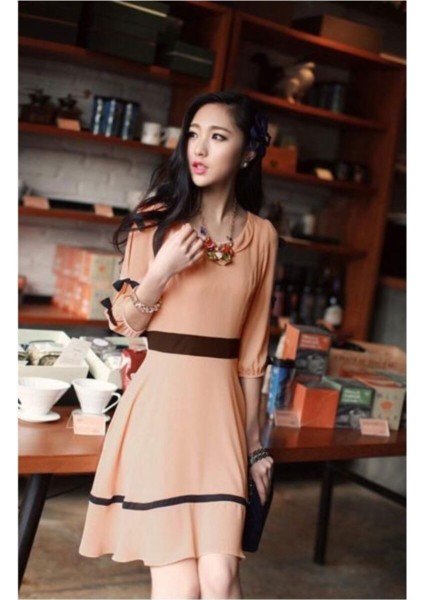 Kadın Pudra Fiyonk Kollu Romantik Elbise modelleri