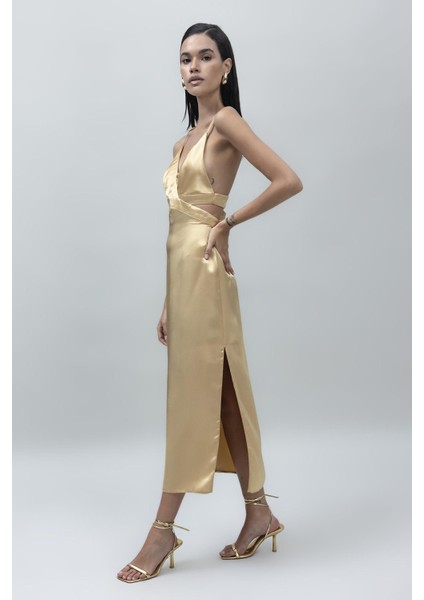 Sırt Çapraz Askılı Pencereli Dekolteli Diz Altı Saten Abiye Kokteyl Gece Elbisesi