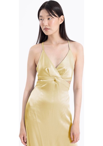 Sırt Çapraz Askılı Pencereli Dekolteli Diz Altı Saten Abiye Kokteyl Gece Elbisesi fırsatları